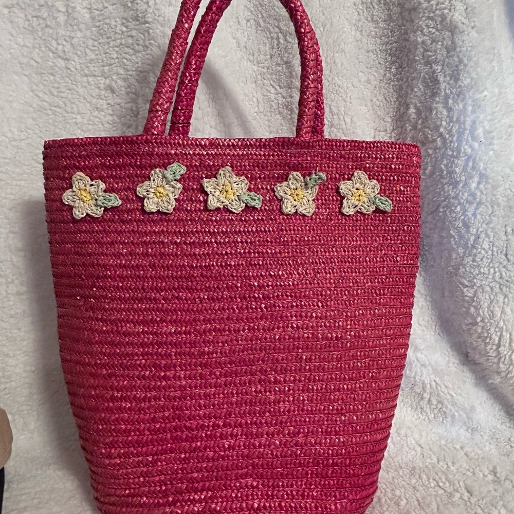 Pink Woven Floral Appliqué Tote Bag